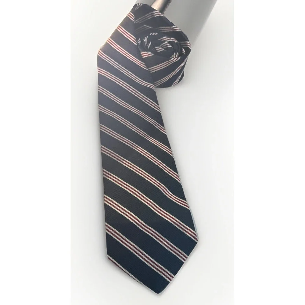 Vtg Philippe Perrier Repp Striped Silk Tie Navy Blue With Red & White Classic